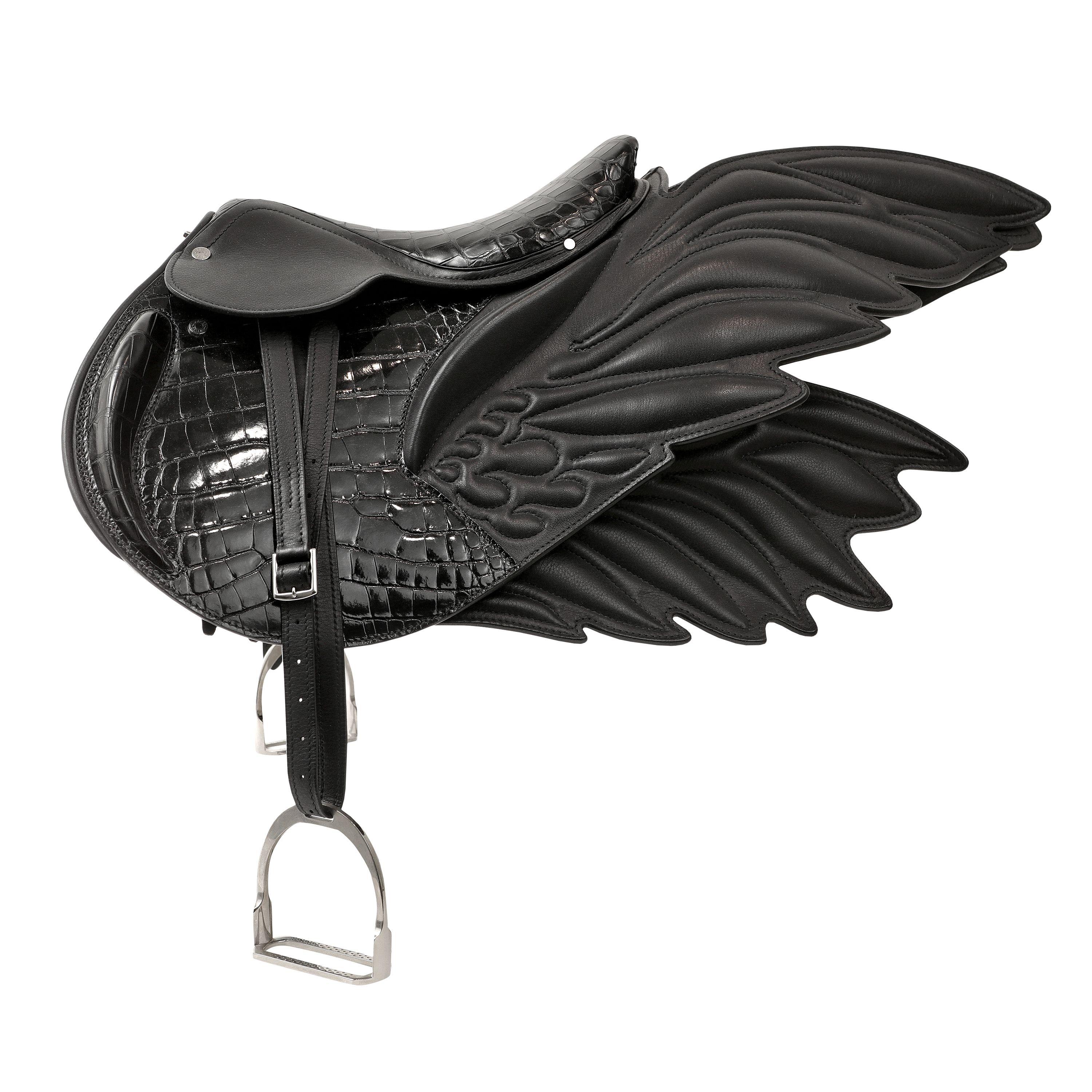 Hermès Black Alligator and Leather Pegasus Saddle Sculpture For Sale