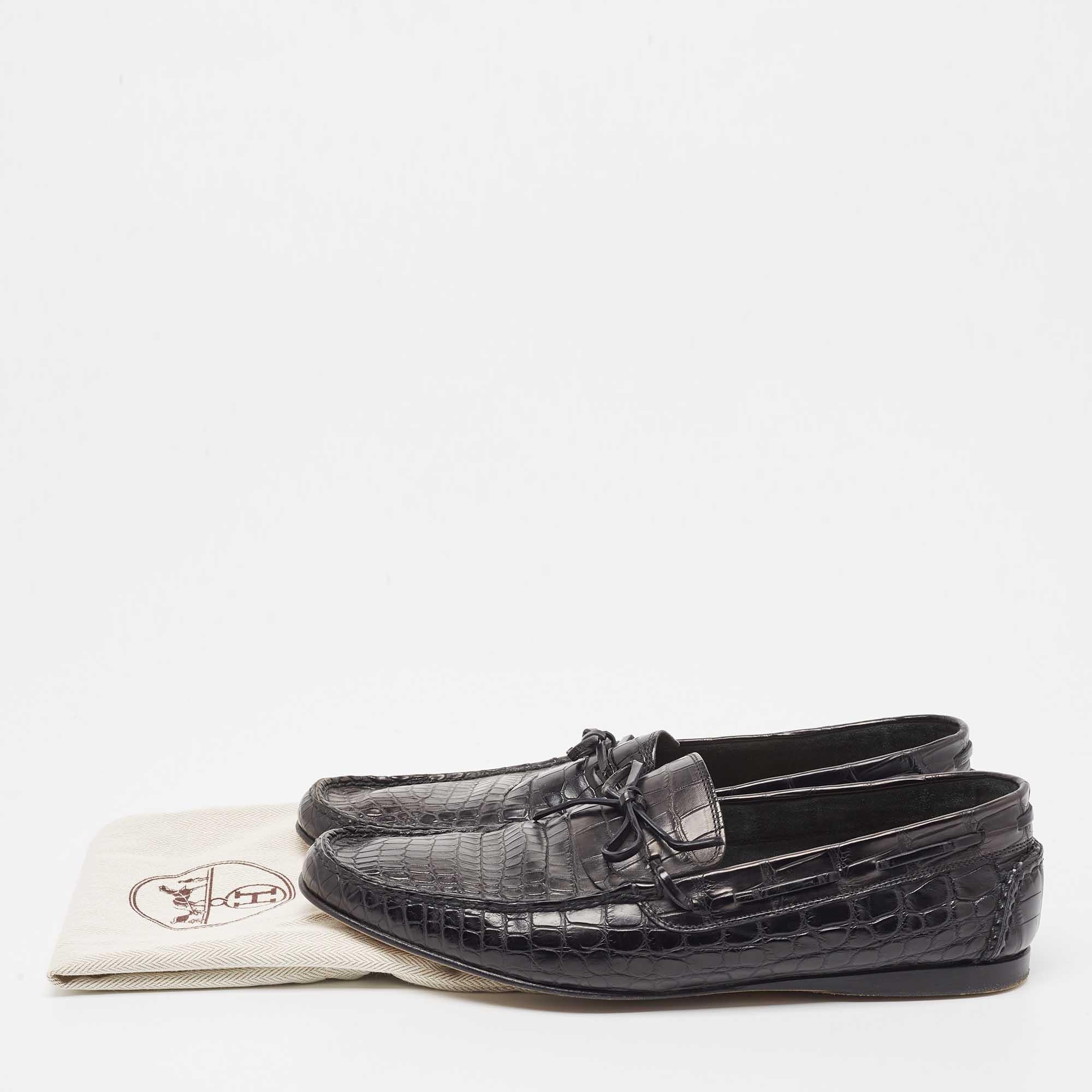 Hermes Black Alligator Bow Slip On Loafers Size 43 5