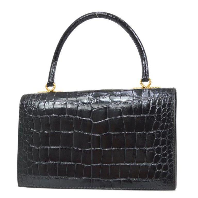 Women's HERMES Black Alligator Exotic Skin Leather Gold Hardware Top Handle Bag For Sale