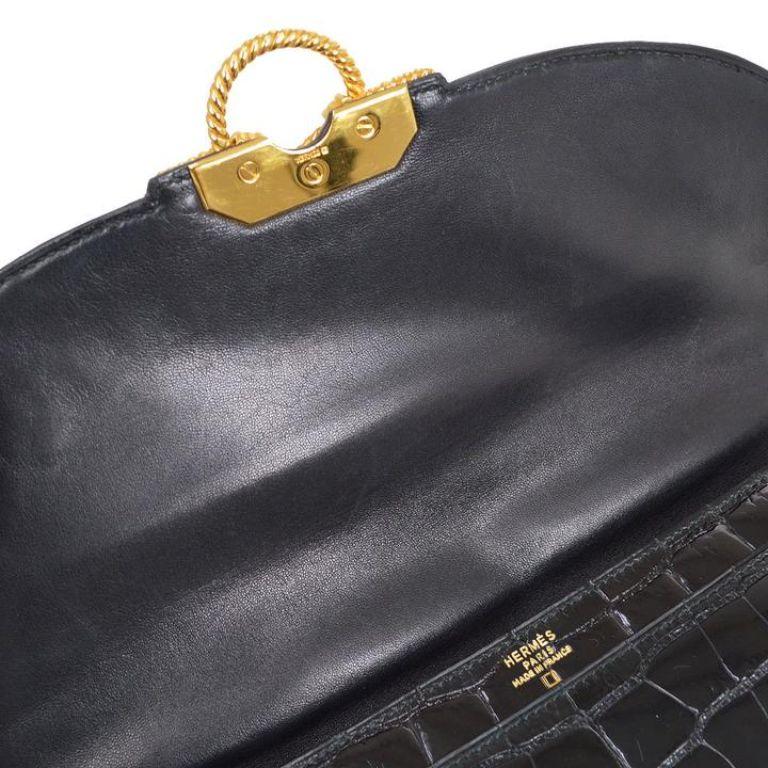 HERMES Black Alligator Exotic Skin Leather Gold Hardware Top Handle Bag For Sale 1
