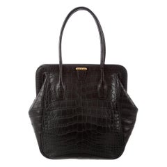 Hermes Black Alligator Exotic Skin Leather Gold Top Handle Satchel Tote Bag