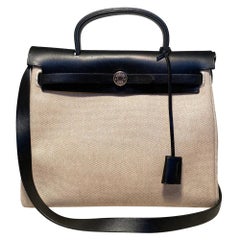 Hermes Black and Beige Canvas Herbag Tote