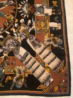 Hermes Black and Brown Cashmere Scarf Kachinas Pattern with Original Hermes Box