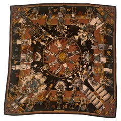 Hermes Black and Brown Cashmere Scarf Kachinas Pattern with Original Hermes Box