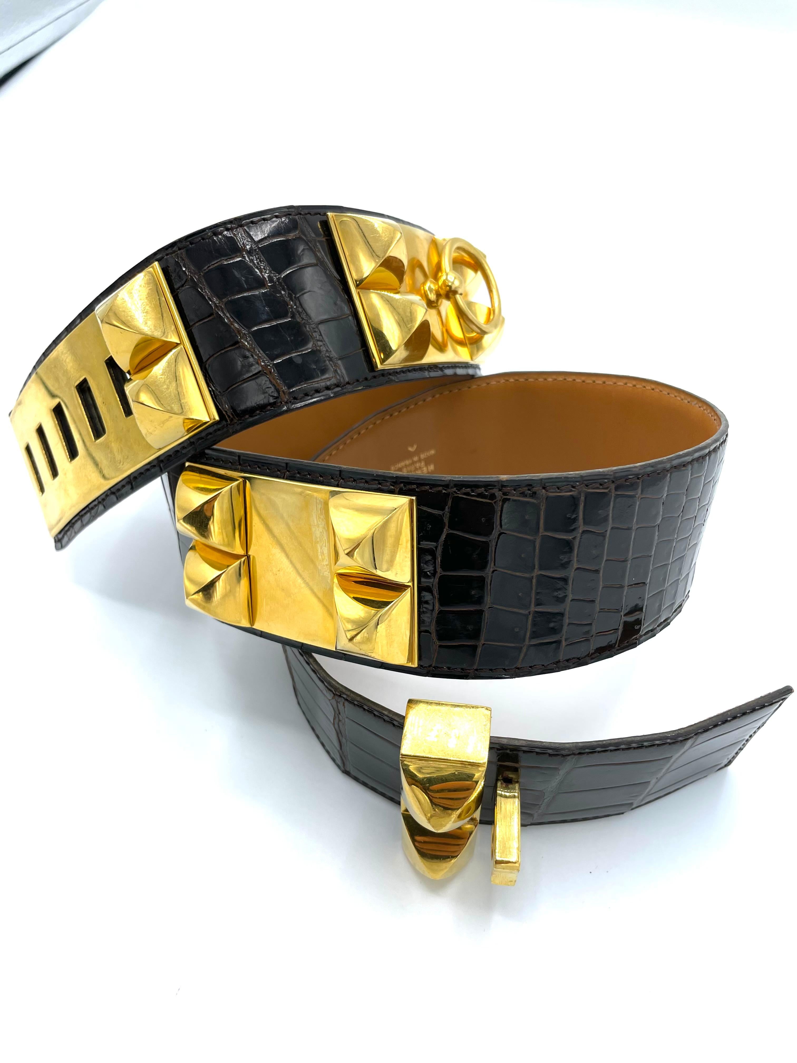 Hermes Black and Gold Belt Crocodile Medor  For Sale 5