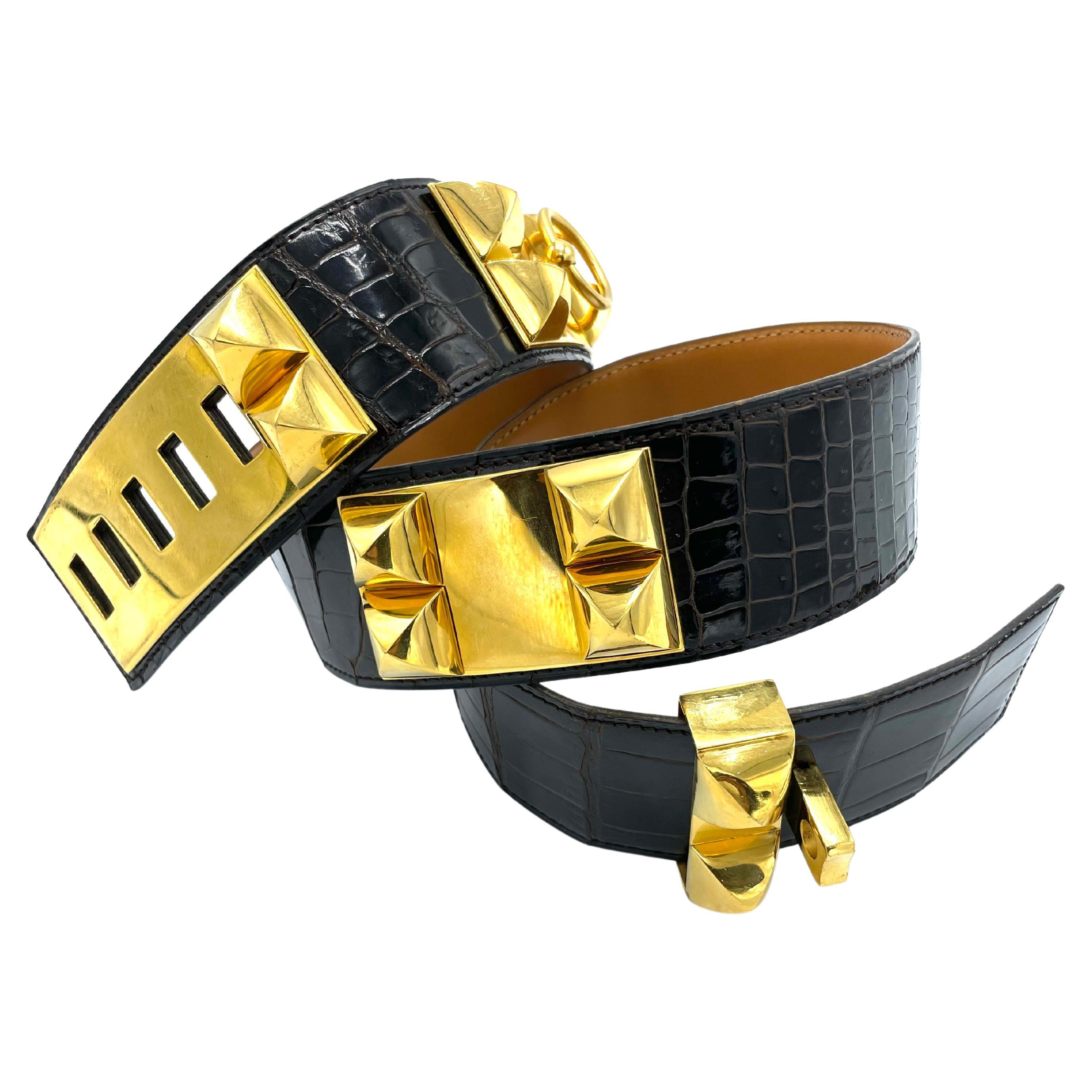 Ceinture Medor en crocodile noir et or Hermès 