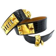 Hermes Black and Gold Belt Crocodile Medor 