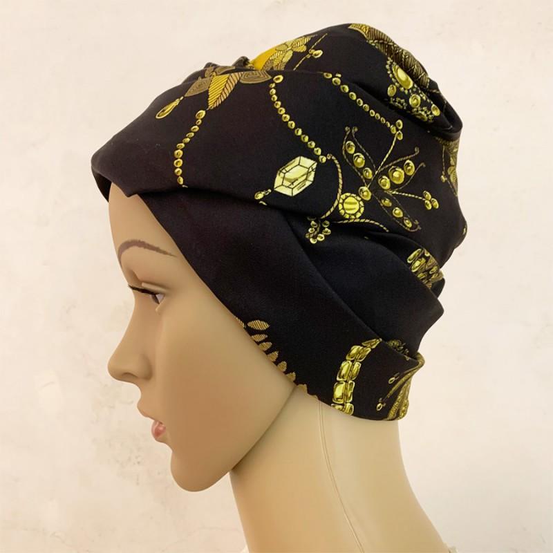 HERMES Black And Gold Silk Hat In Excellent Condition For Sale In Paris, FR