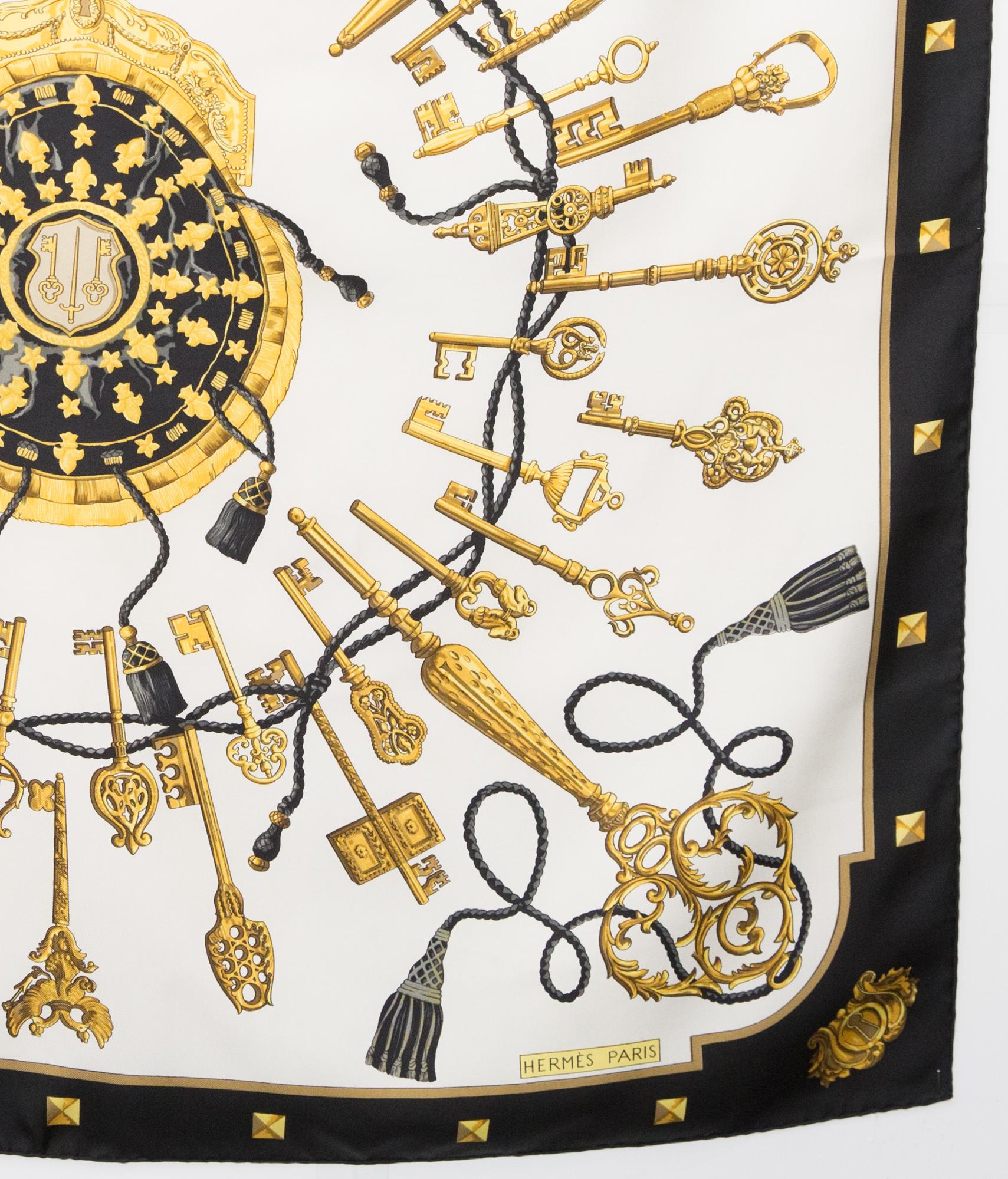 White Hermes Black and Ivory Les Clefs by Cathy Latham Silk Scarf
