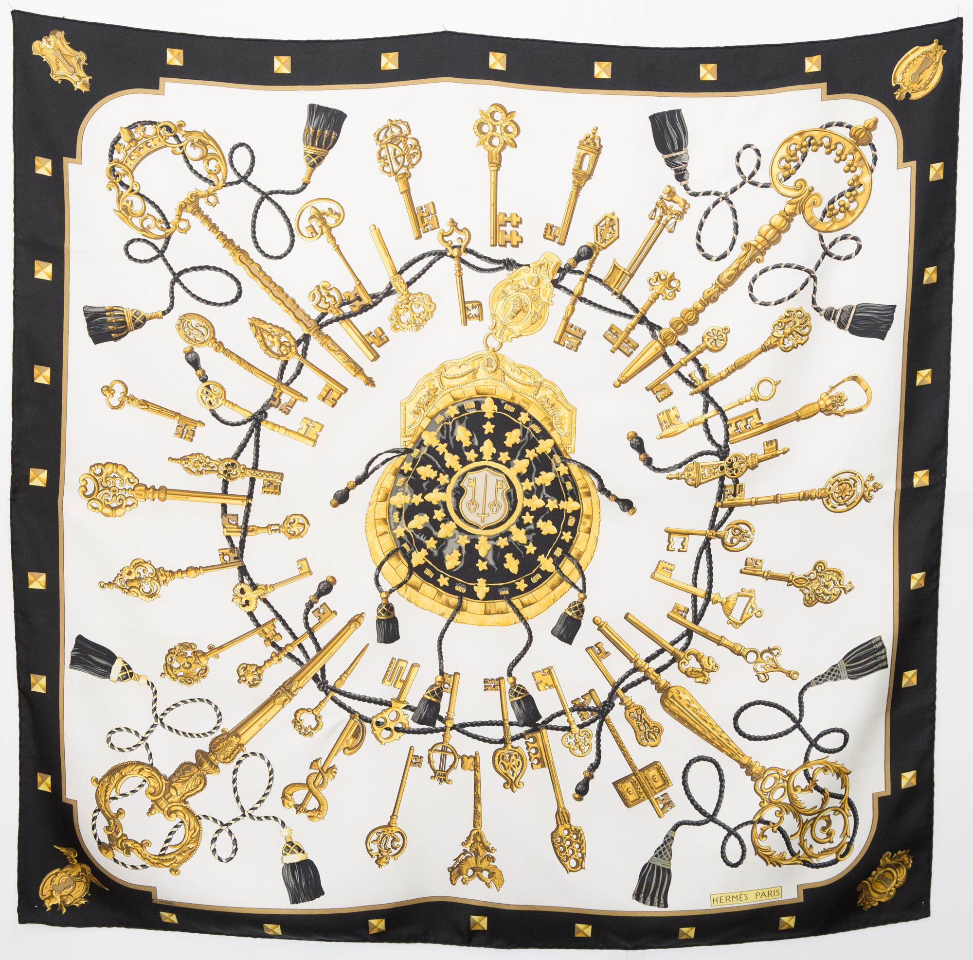 Women's or Men's Hermes Black and Ivory Les Clefs by Cathy Latham Silk Scarf