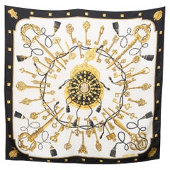 Hermes Black and Ivory Les Clefs by Cathy Latham Silk Scarf