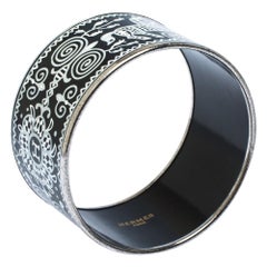 Hermes Black and White Enamel Palladium Plated Extra Wide Bangle Bracelet