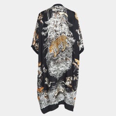 Hermes Black Animal Print Silk & Knit Trim Long Twillaine Cardigan M