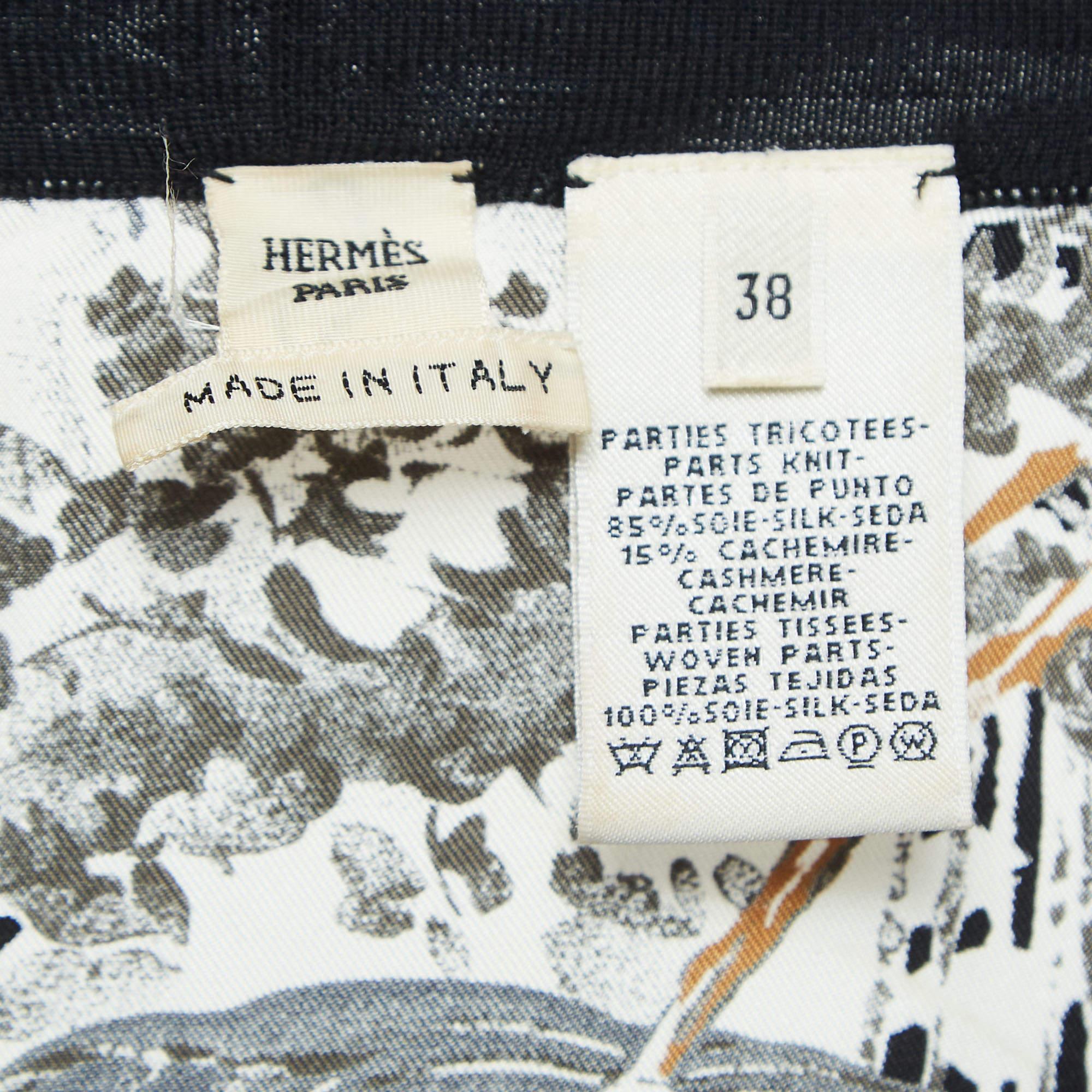 Hermes Black Animal Print Silk & Knit Trim Long Twillaine Cardigan M In Good Condition In Dubai, Al Qouz 2