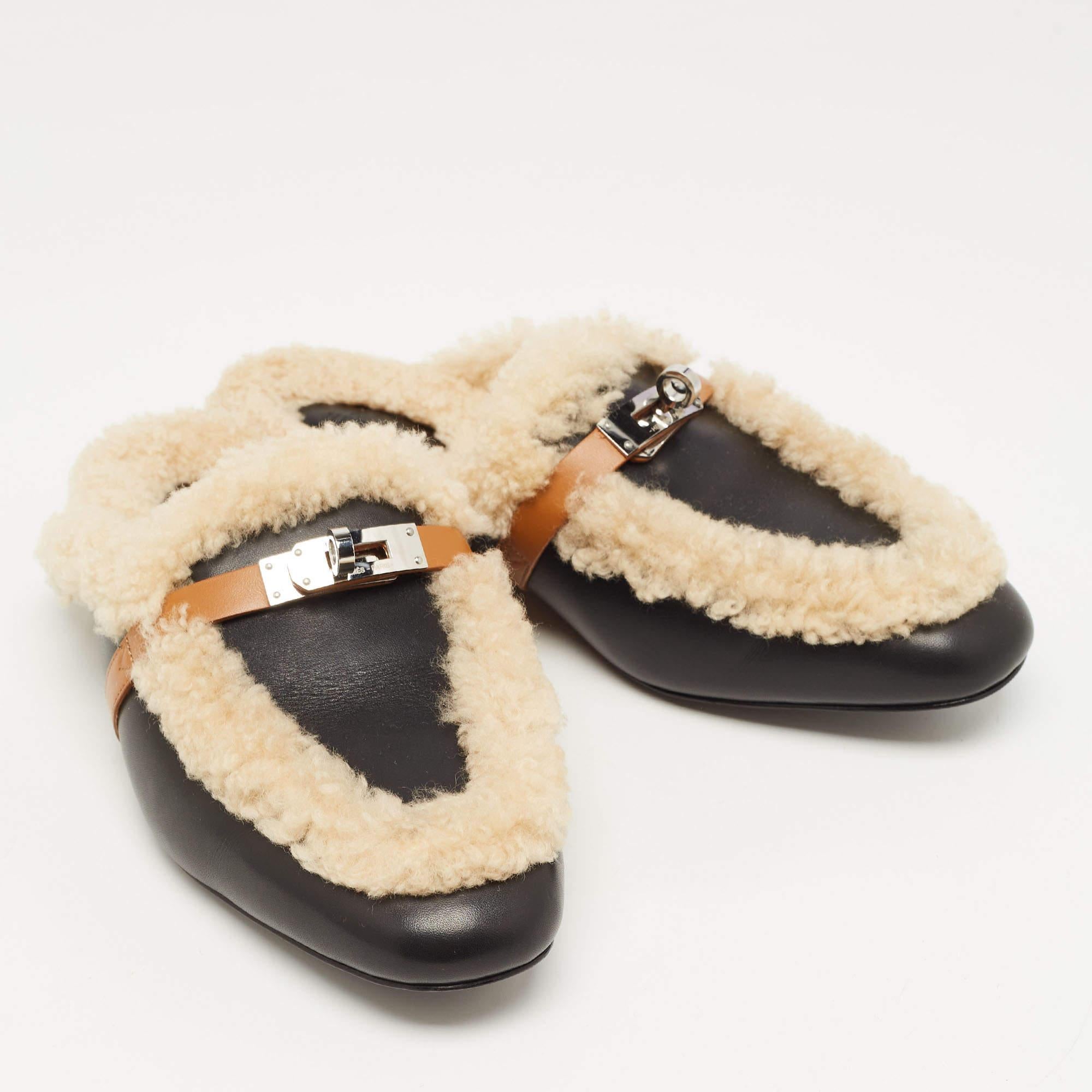 Women's Hermes Black/Beige Leather and Shearling Fur Oz Flat Mules Size 40