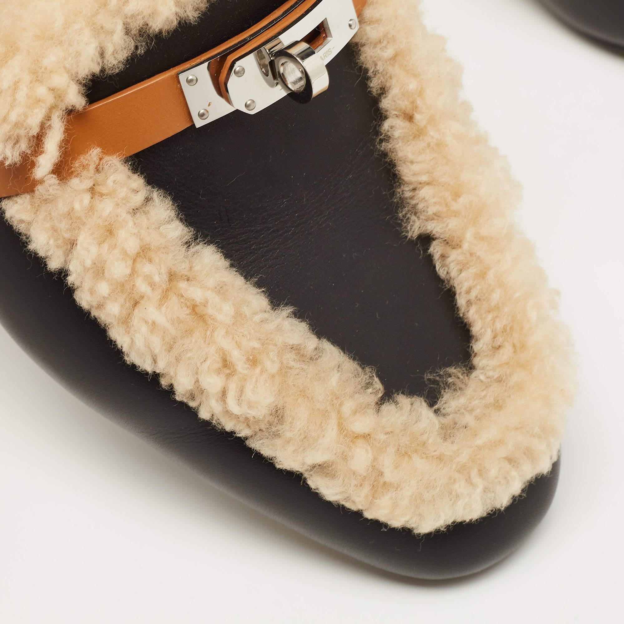 Hermes Black/Beige Leather and Shearling Fur Oz Flat Mules Size 40 1