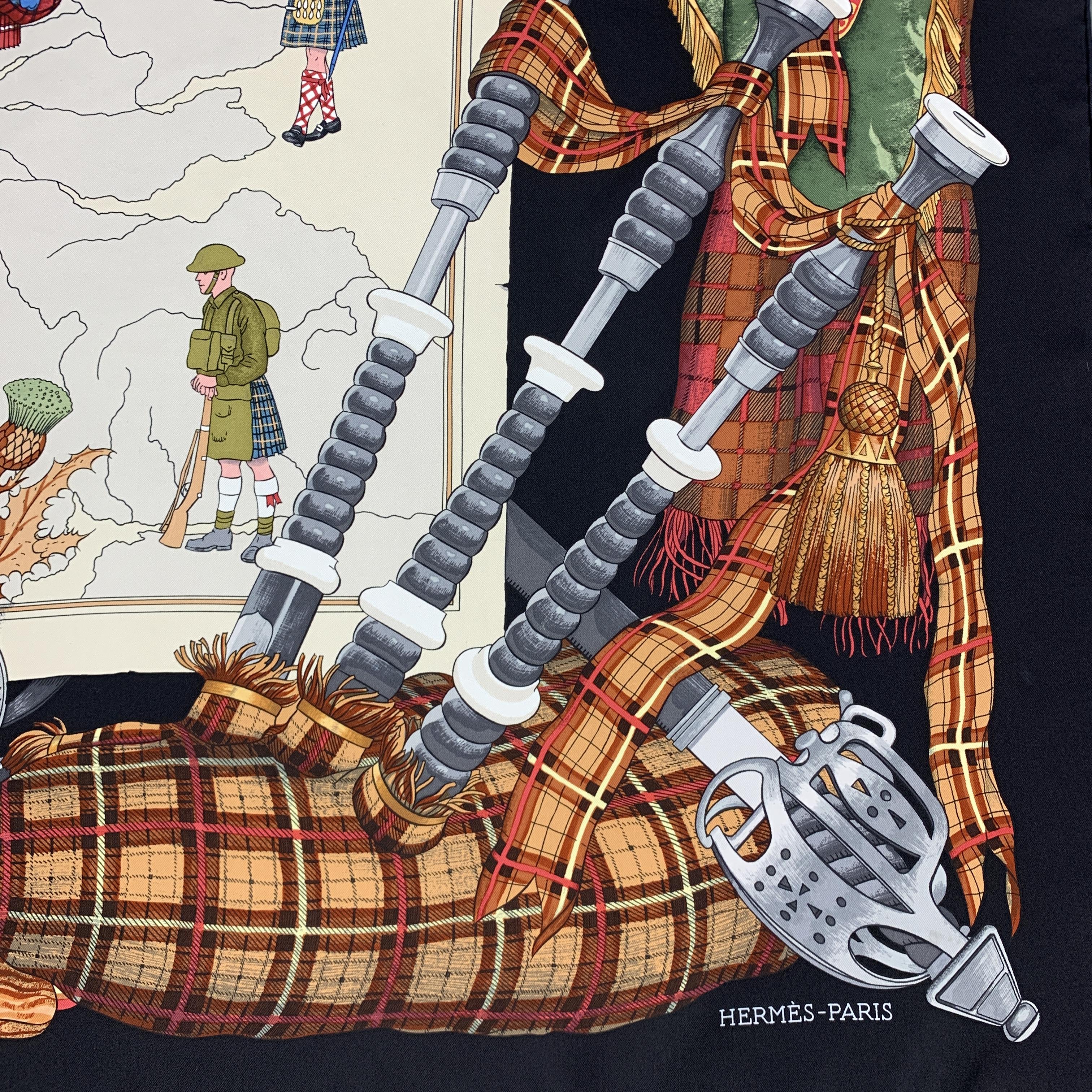 HERMES Black & Beige Scotland Print by Philip Ledoux Scarf In Excellent Condition In San Francisco, CA