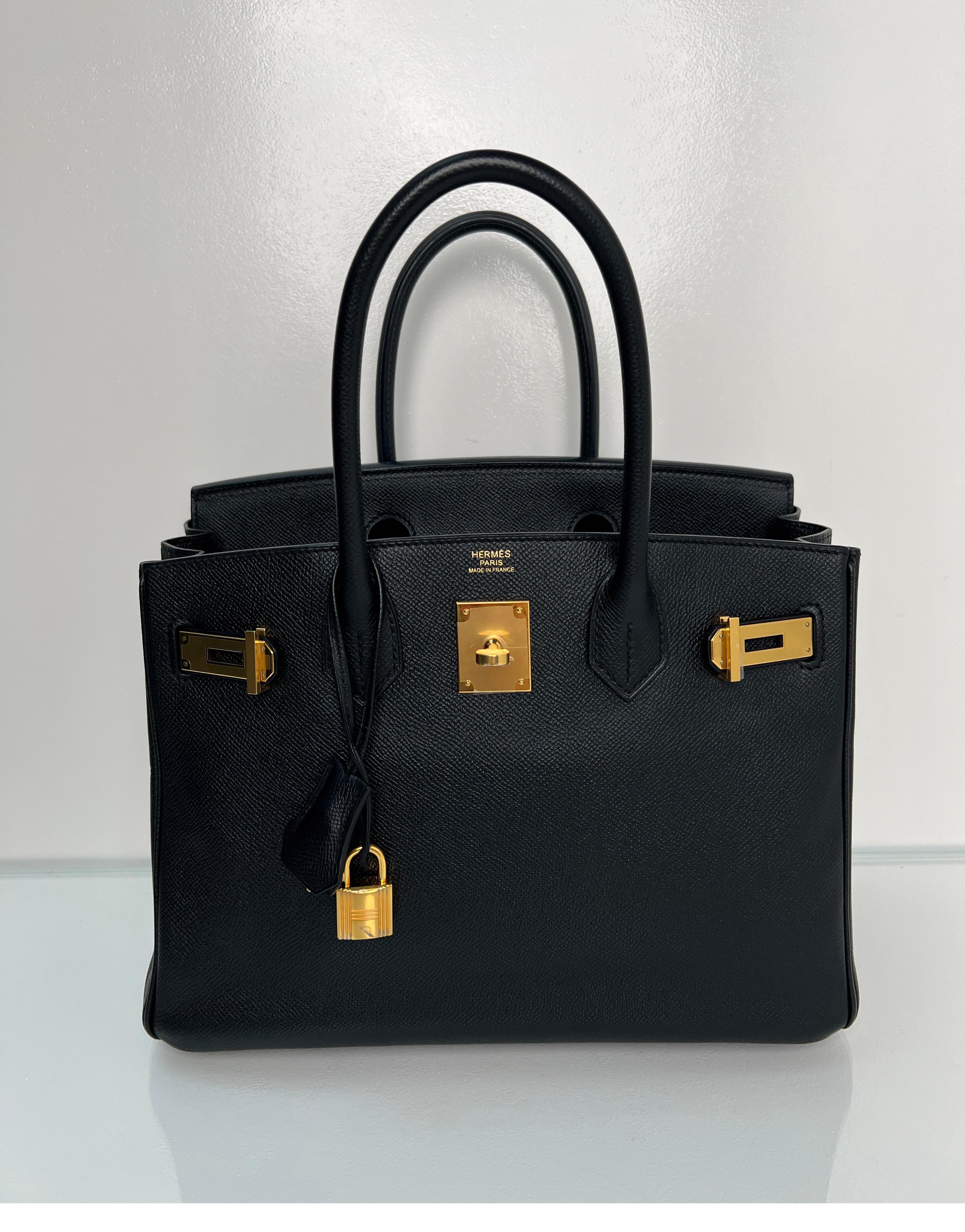 Hermes Black 30 Birkin Bag. Excellent condition. Epsom leather. Gold hardware. Bag is like new condition. Plastic is still on hardware. Interior clean. Includes clochette, lock, keys, and dust bag. Guaranteed authentic. Classic bag for life. 