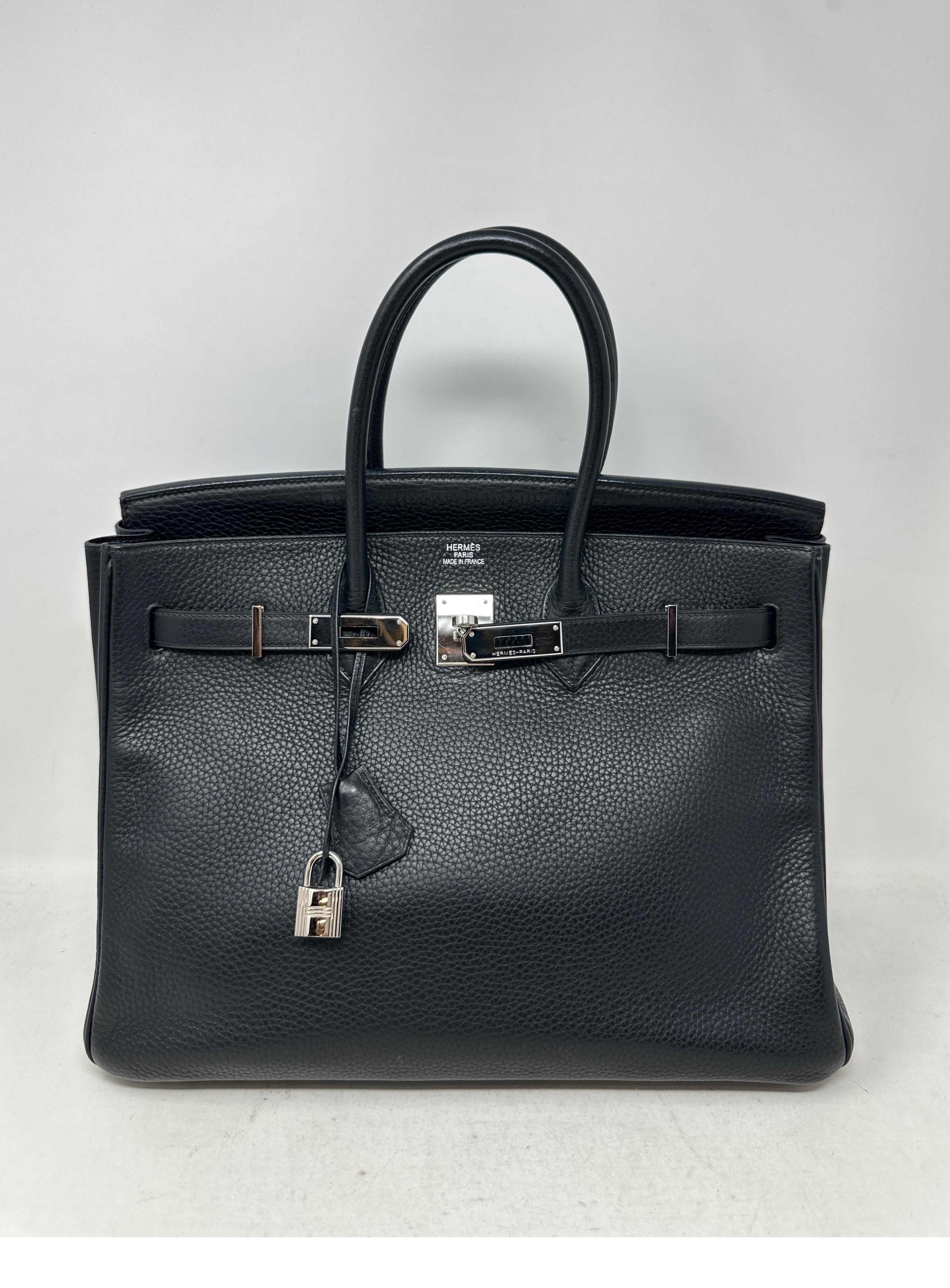Hermes Black Birkin 35 Bag. Palladium silver hardware. Clemence leather. Excellent condition. Interior clean. Classic Birkin color and size. Great investment bag. Includes clochette, lock, keys, and dust bag. Guaranteed authentic. 