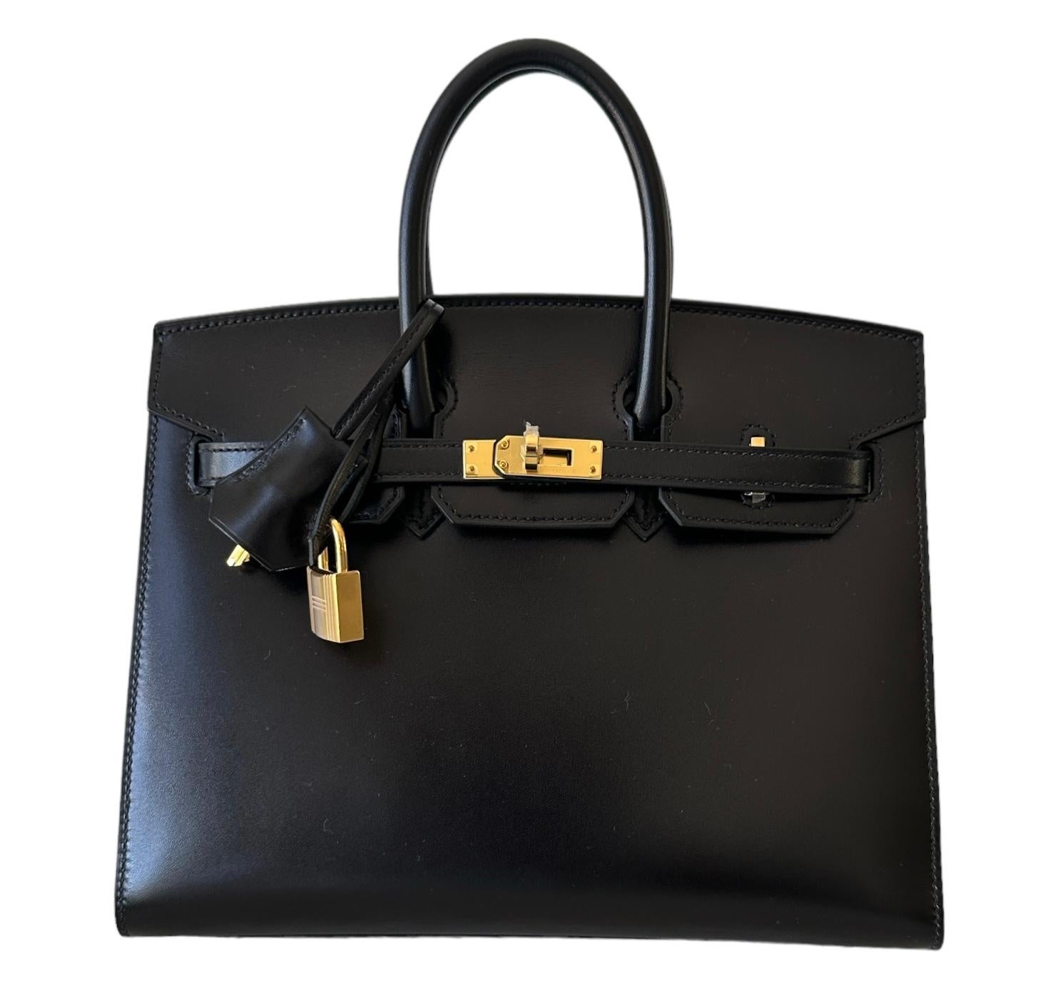 Hermes Black Birkin Bag Sellier 25 Black Rare Box Leather New  In New Condition For Sale In West Chester, PA