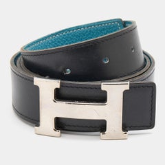 Hermes Black/Bleu Jean Box & Togo Palladium Reversible H Buckle Belt 90 CM