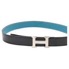 Hermes Black/Bleu Jean Box & Togo Palladium Reversible H Buckle Belt 90 CM