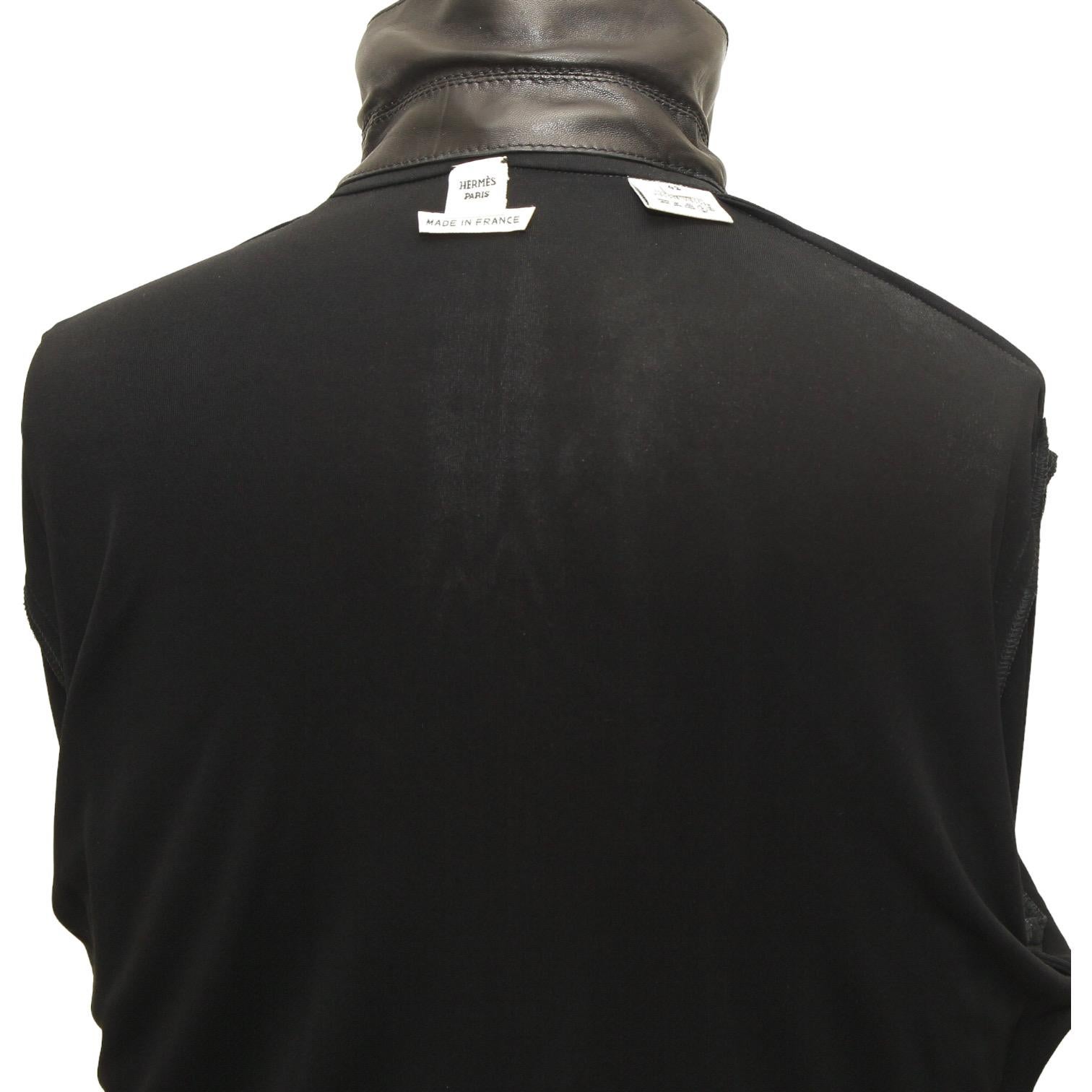 HERMES Black Blouse Shirt Top Leather Viscose Palladium Buttons Sz 42 VINTAGE For Sale 7