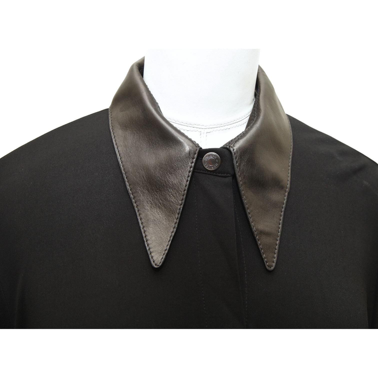 Women's HERMES Black Blouse Shirt Top Leather Viscose Palladium Buttons Sz 42 VINTAGE For Sale