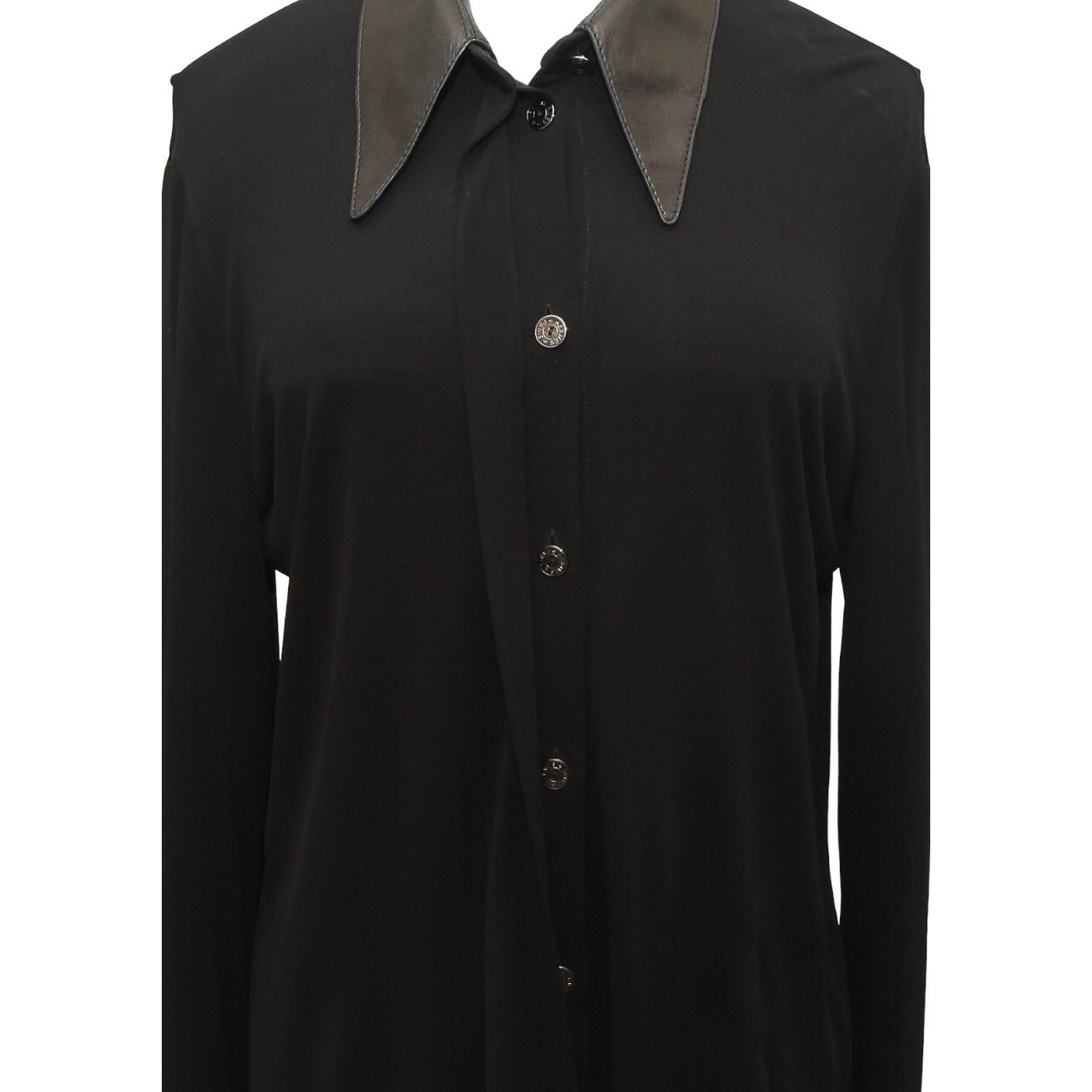 HERMES Black Blouse Shirt Top Leather Viscose Palladium Buttons Sz 42 VINTAGE For Sale 1