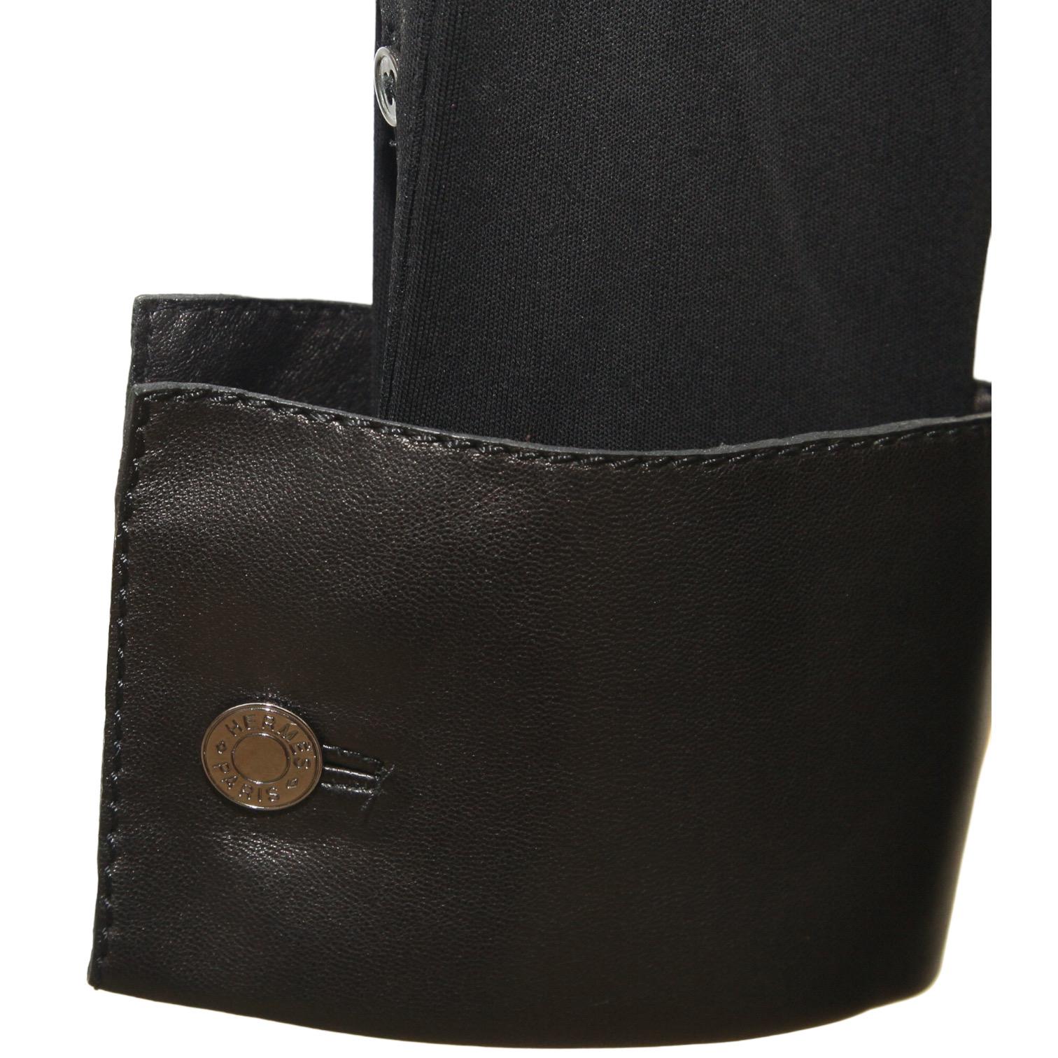 HERMES Black Blouse Shirt Top Leather Viscose Palladium Buttons Sz 42 VINTAGE For Sale 2
