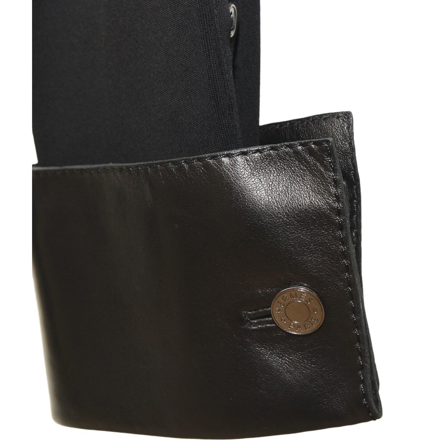 HERMES Black Blouse Shirt Top Leather Viscose Palladium Buttons Sz 42 VINTAGE For Sale 3