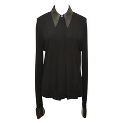 HERMES Black Blouse Shirt Top Leather Viscose Palladium Buttons Sz 42 VINTAGE