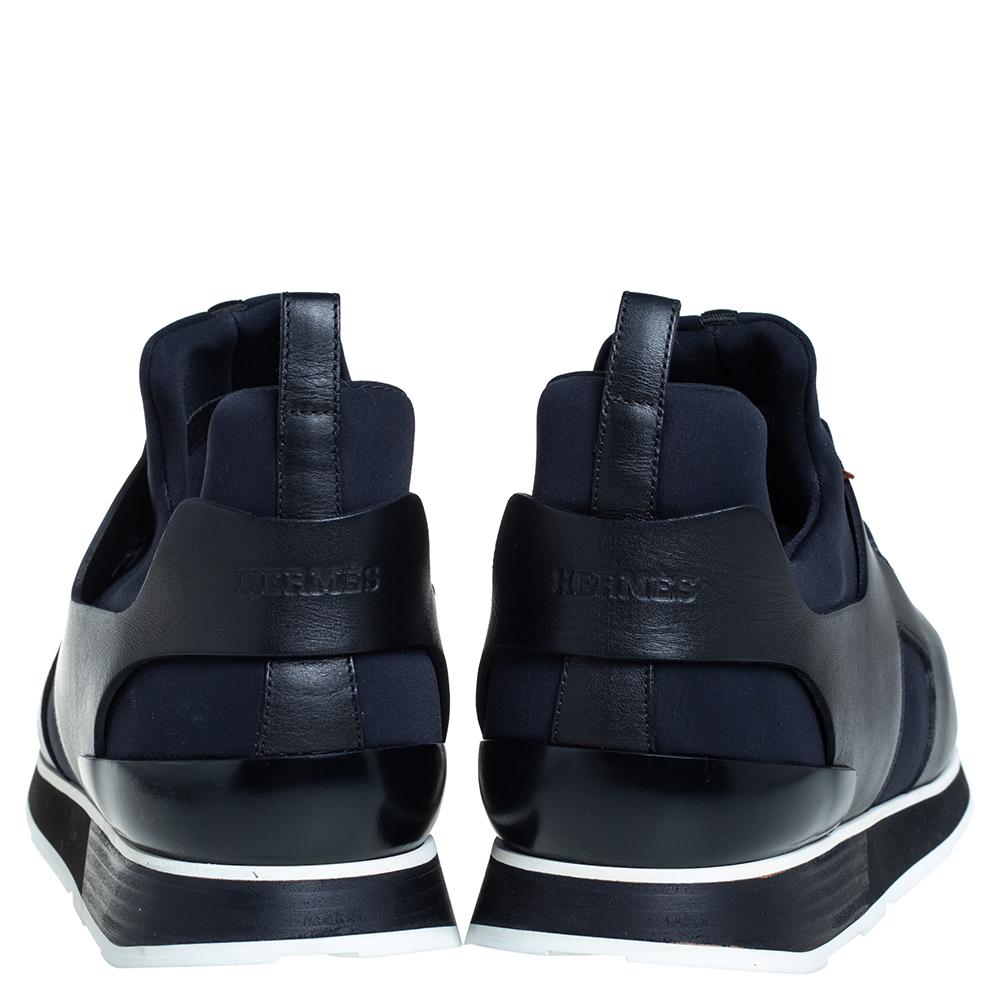 Hermes Black/Blue Leather And Fabric Player Sneakers Size 46 In Good Condition In Dubai, Al Qouz 2