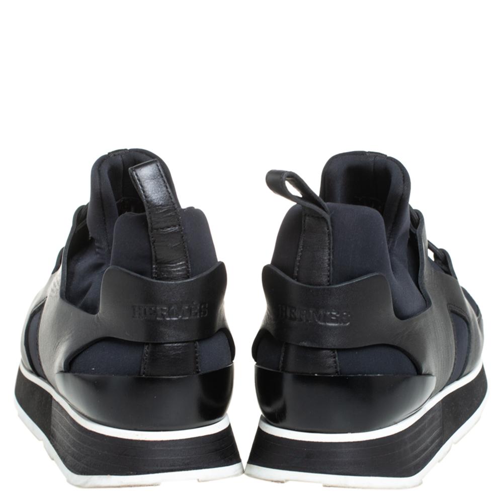 Hermes Black/Blue Leather And Nylon Low Top Sneakers Size 40 In Good Condition In Dubai, Al Qouz 2
