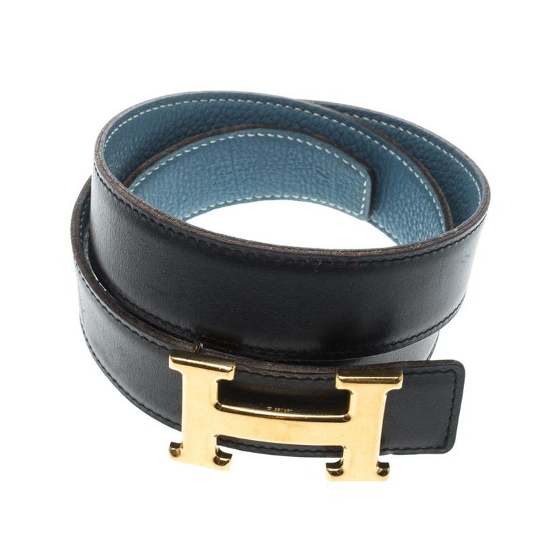 Hermès Black/Blue Leather Reversible Gold Metal Finished H Buckle Belt ...