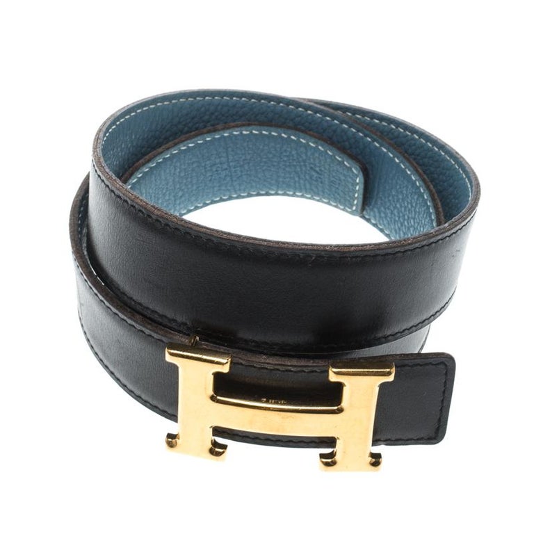 Hermès Black/Blue Leather Reversible Gold Metal Finished H Buckle Belt