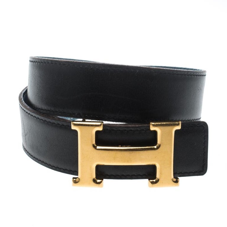 Hermès Black/Blue Leather Reversible Gold Metal Finished H Buckle Belt ...