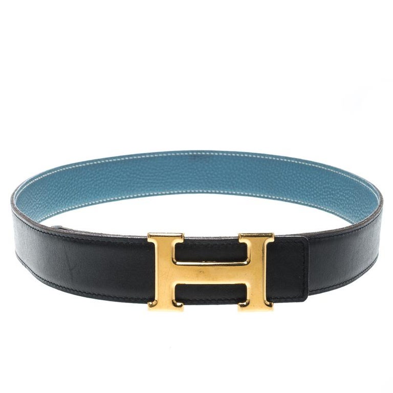 Hermès Black/Blue Leather Reversible Gold Metal Finished H Buckle Belt 75cm For Sale at 1stdibs