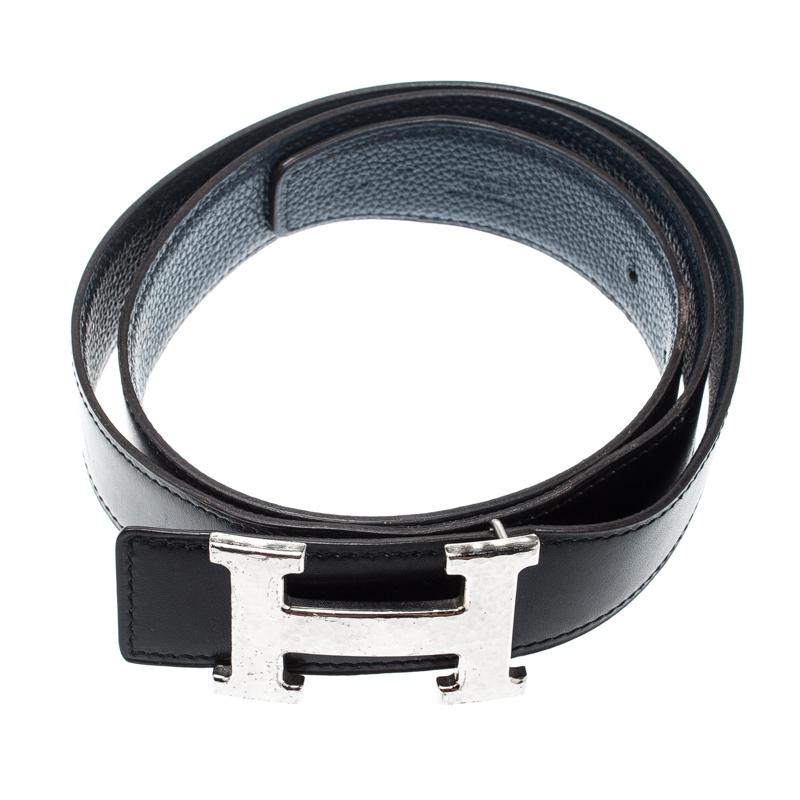 Hermès Black/Blue Leather Reversible Silver Hammered Finished H Buckle Belt 90cm In Good Condition In Dubai, Al Qouz 2