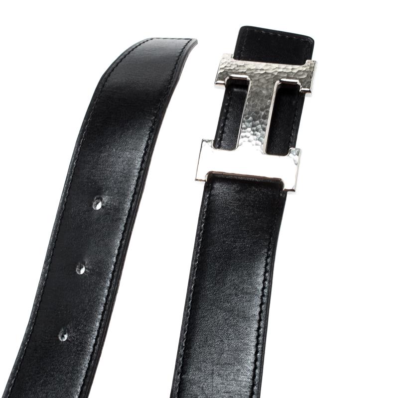 Men's Hermès Black/Blue Leather Reversible Silver Hammered Finished H Buckle Belt 90cm