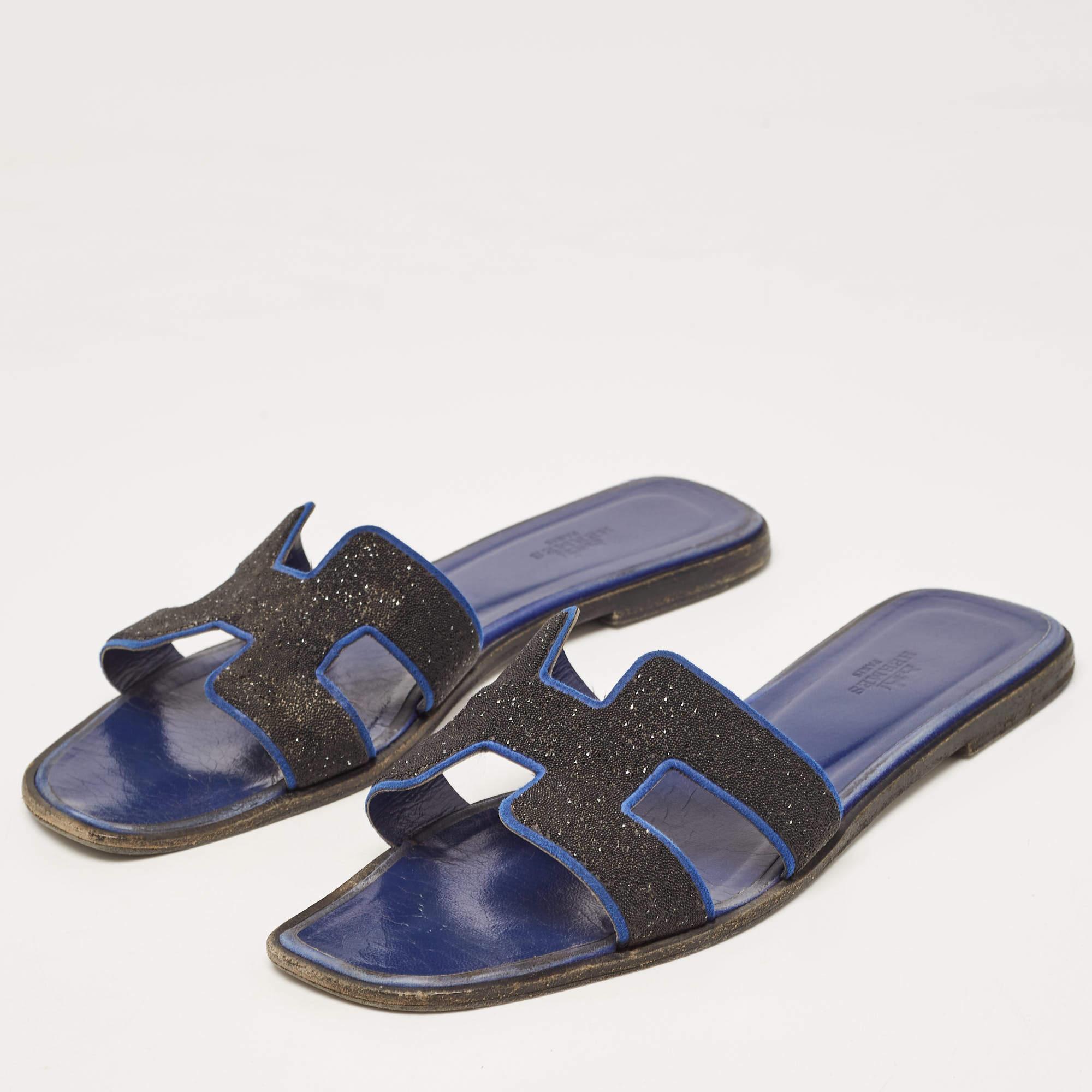 Women's Hermes Black/Blue Suede Crystal Embellished Oran Flat Slides Size 40