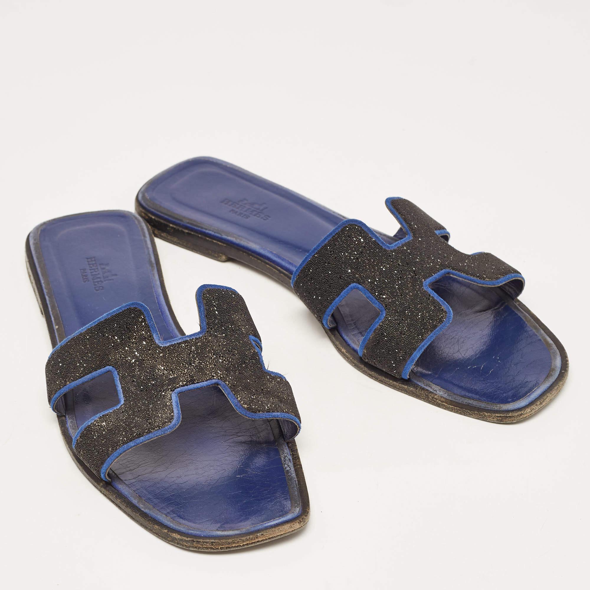 Hermes Black/Blue Suede Crystal Embellished Oran Flat Slides Size 40 1