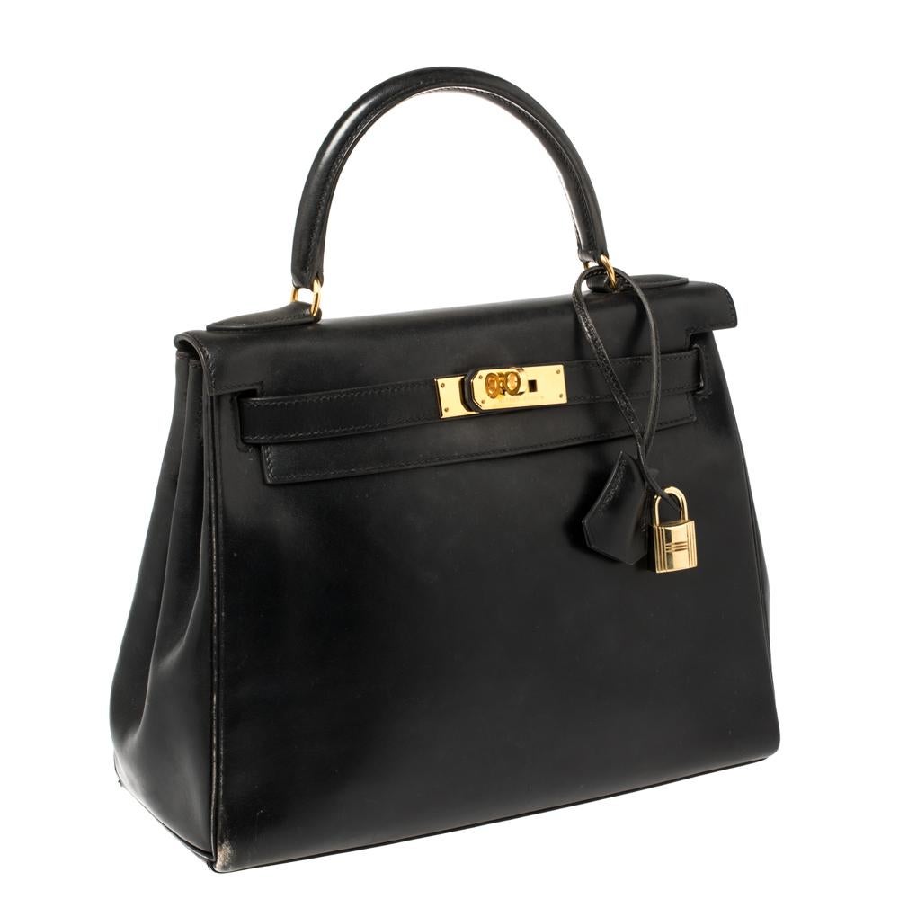 Women's Hermes Black Box Calf Leather Gold Hardware Kelly Retourne 28 Bag