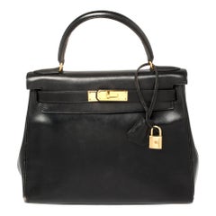 Hermes Black Box Calf Leather Gold Hardware Kelly Retourne 28 Bag