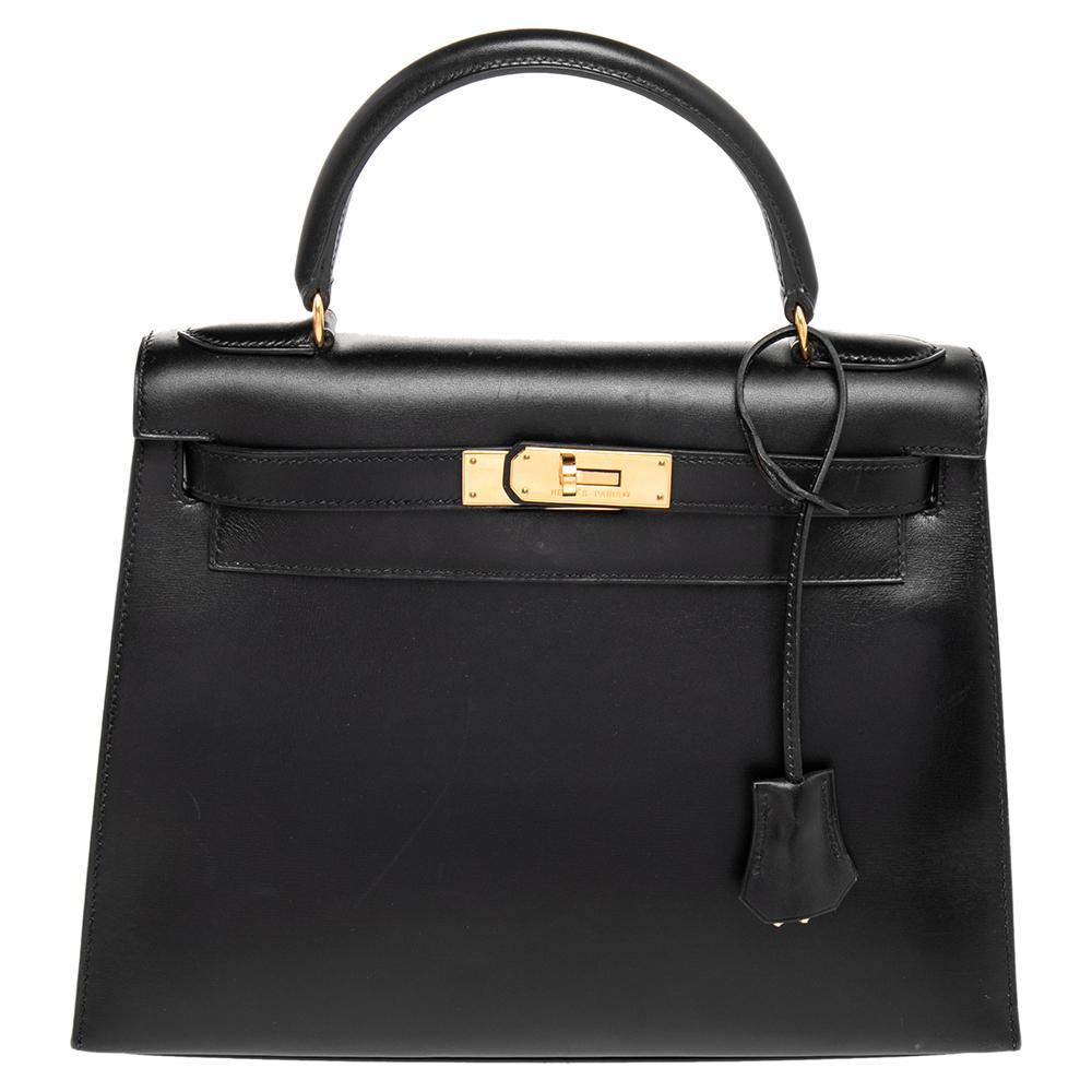 Hermes Black Box Calf Leather Gold Hardware Kelly Sellier 28 Bag at 1stDibs