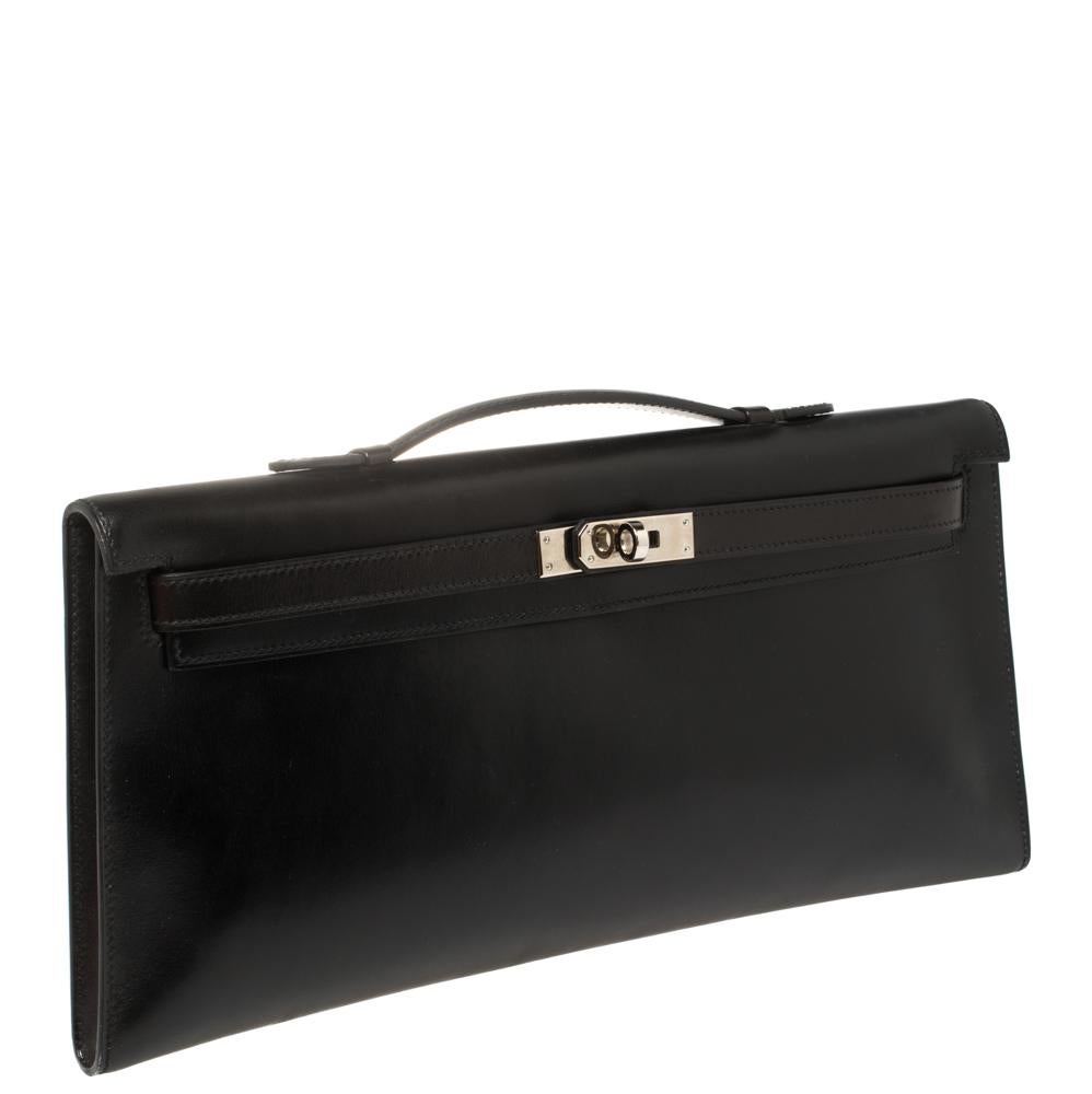 Hermes Black Box Calf Leather Palladium Hardware Kelly Longue Clutch 34 In Good Condition In Dubai, Al Qouz 2