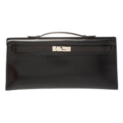 Hermes Black Box Calf Leather Palladium Hardware Kelly Longue Clutch 34