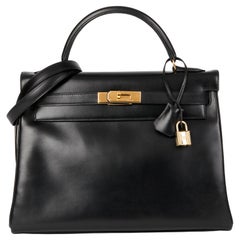 HERMÈS Black Box Calf Leather Vintage Kelly 32cm Retourne