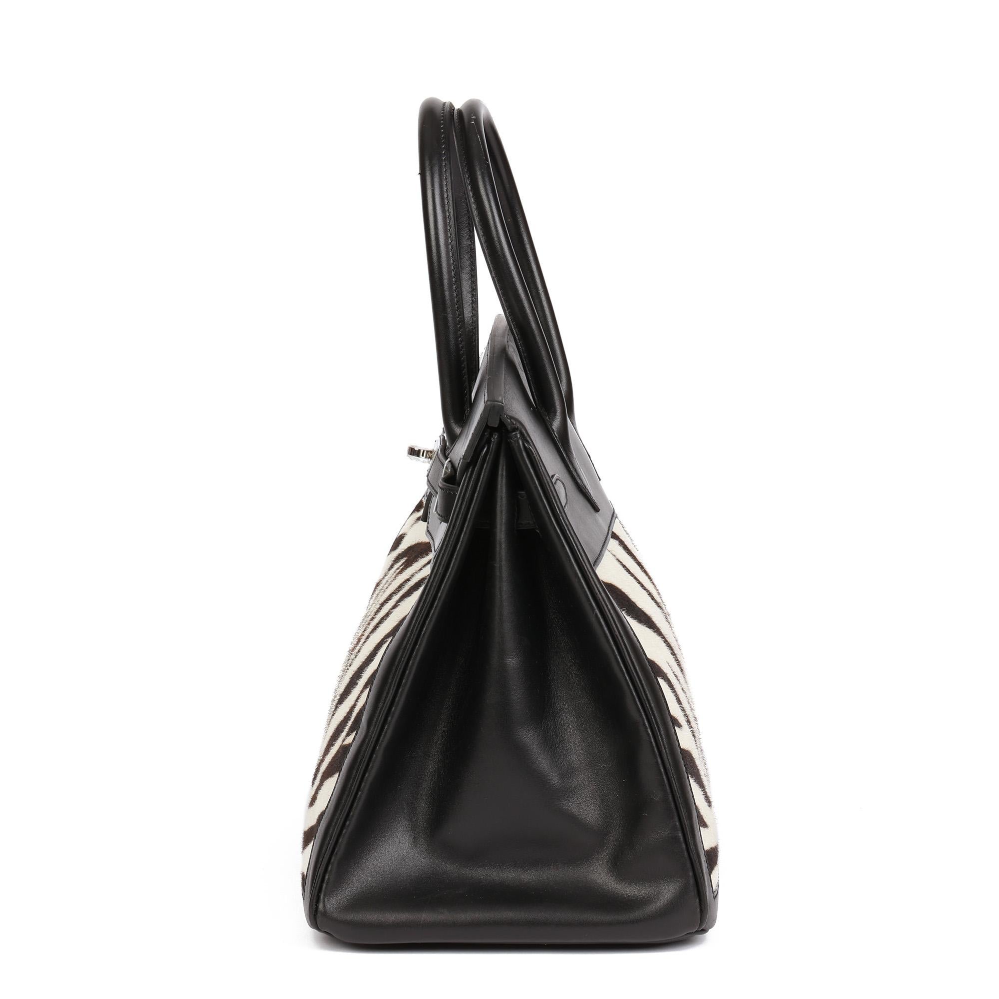 Noir Hermès Black Box Calf Leather & Zebra Print Calfskin Pony Fur Birkin 35cm en vente