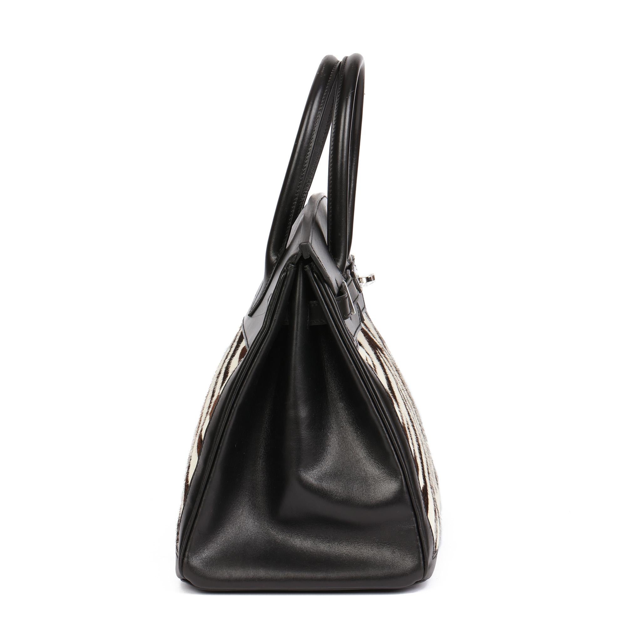 Hermès Black Box Calf Leather & Zebra Print Calfskin Pony Fur Birkin 35cm Bon état - En vente à Bishop's Stortford, Hertfordshire